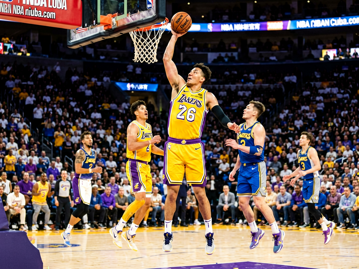 NBA比赛现场，球员突破上篮
